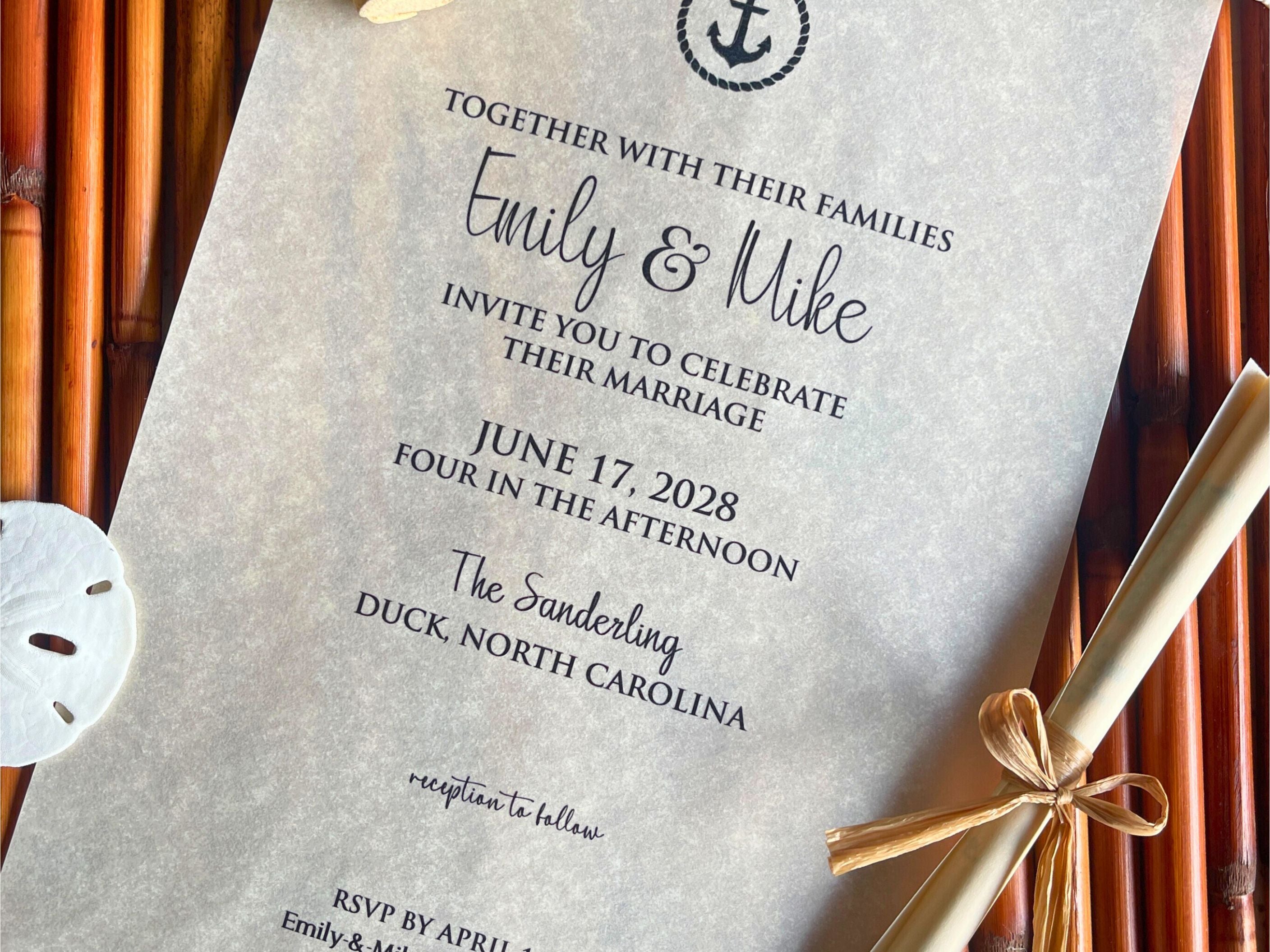 Wedding invitation with anchor design on a textured background