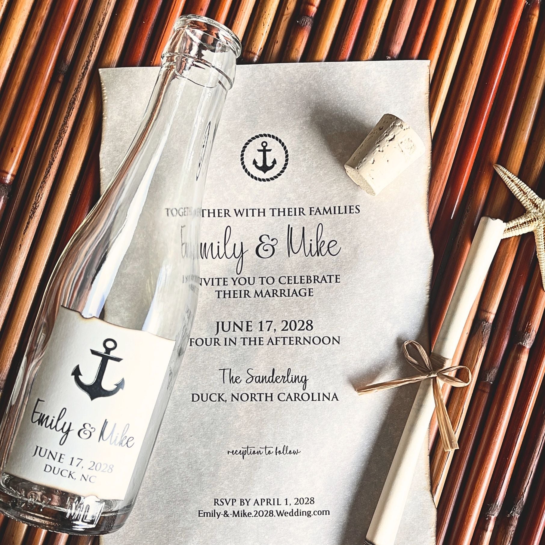 Nautical-themed wedding invitation with bottle and cork on a woven surface