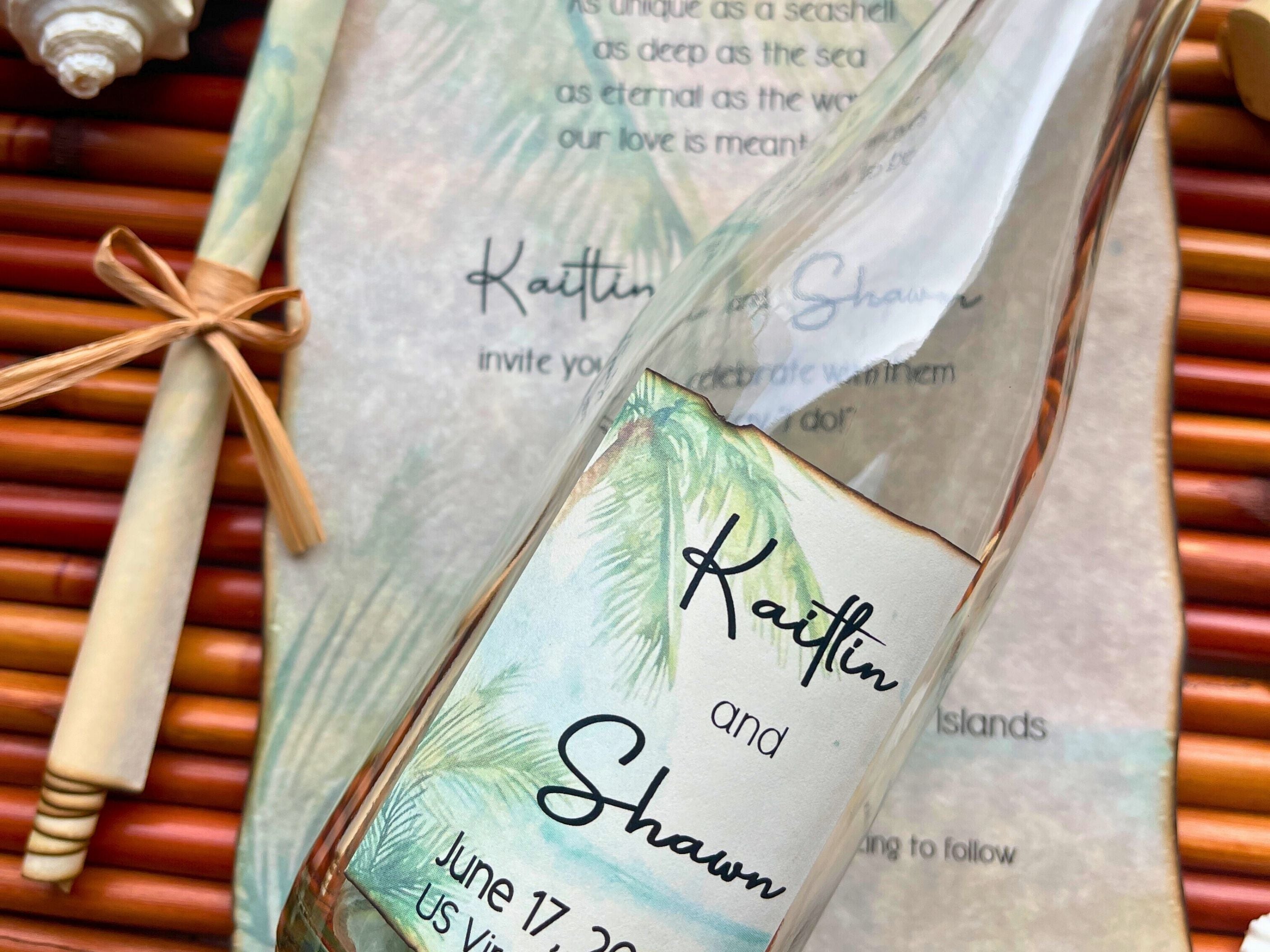Wedding invitation with beach theme on a woven background