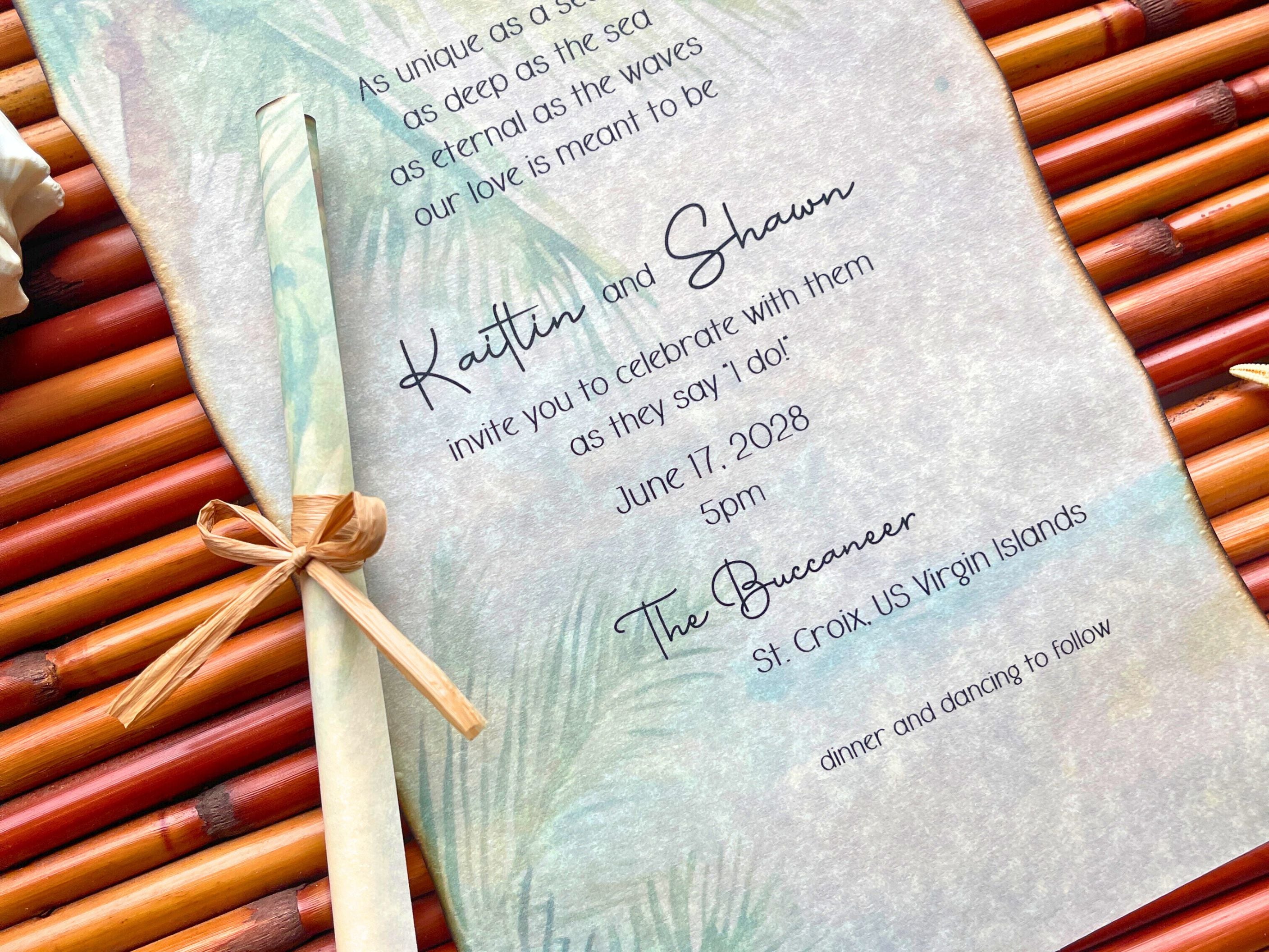 Wedding invitation with tropical design and bamboo elements
