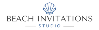 Logo of Beach Invitations Studio with a shell icon on a white background