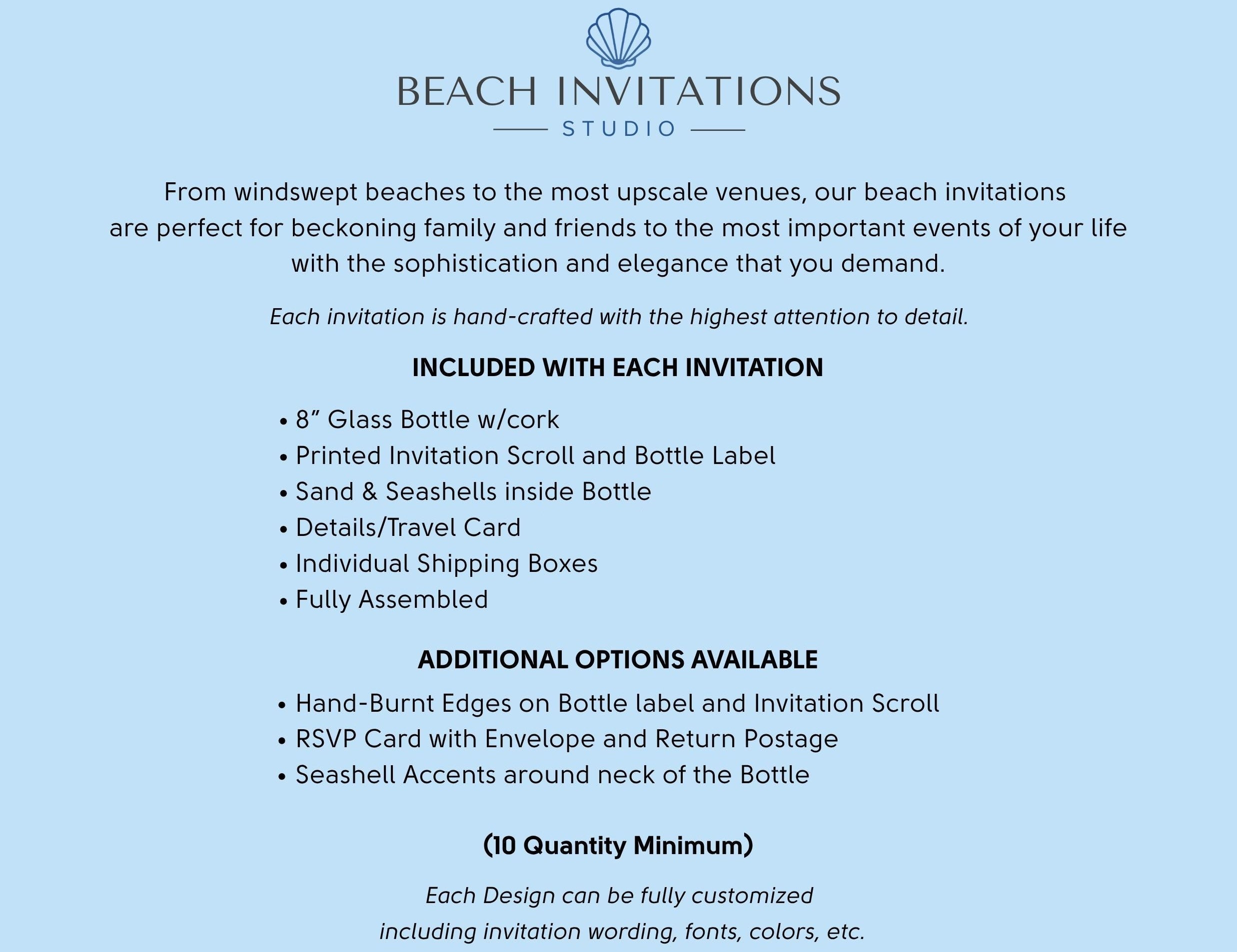Informational text for Beach Invitations Studio on a light blue background