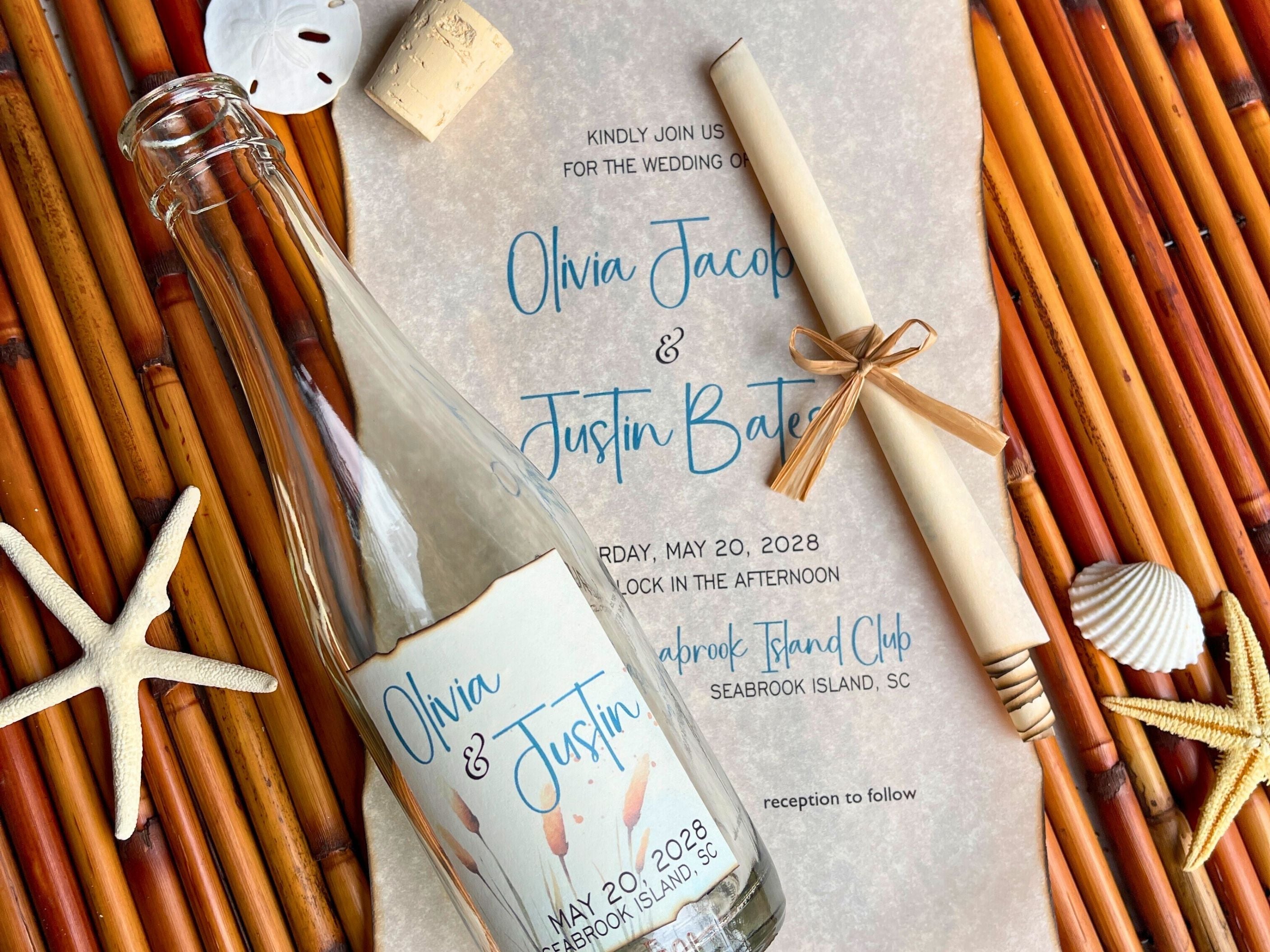 Cattails theme wedding invitation with a glass bottle