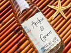 Bottle with a personalized label on a woven surface
