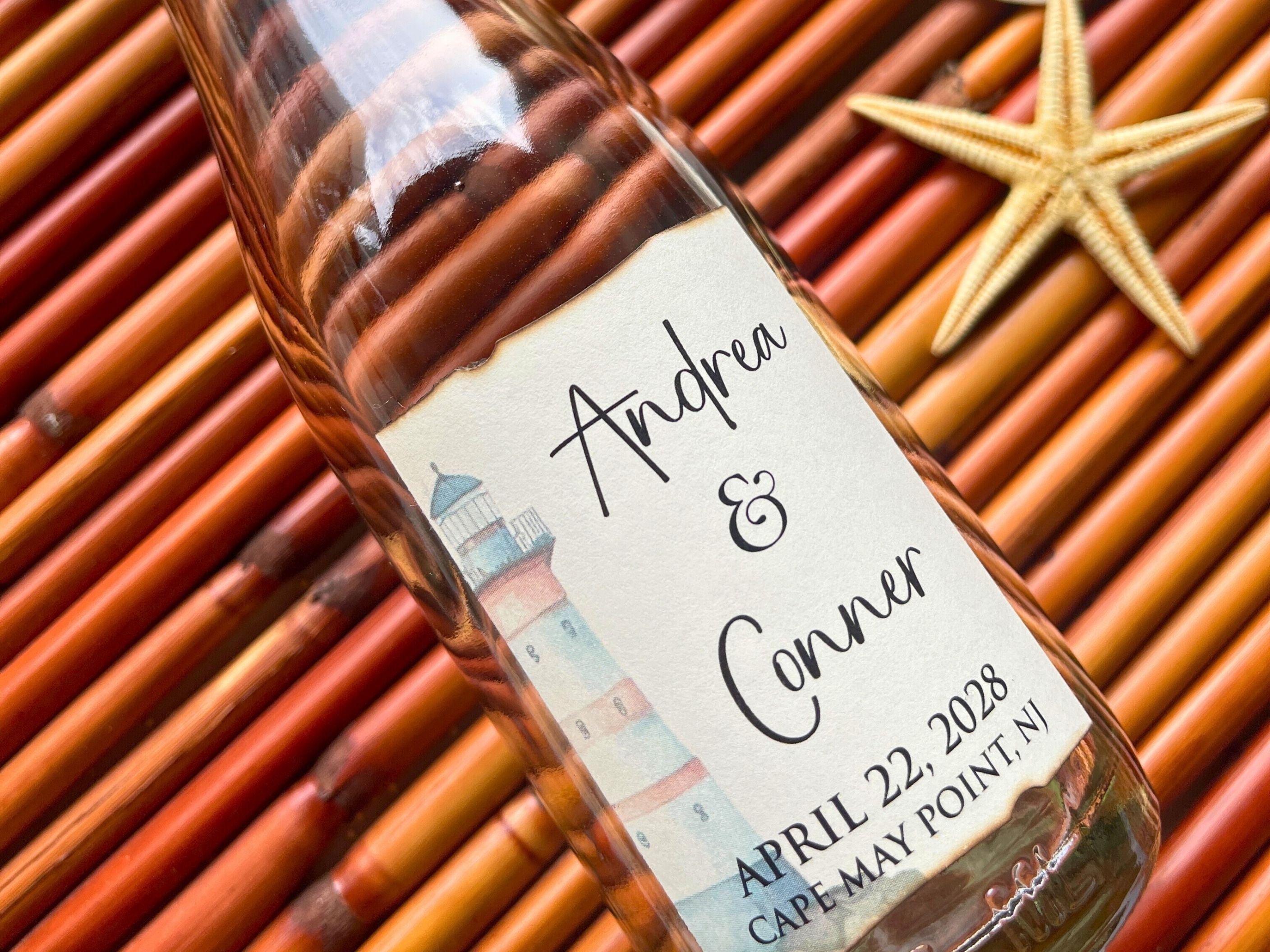 Bottle with a personalized label on a woven surface