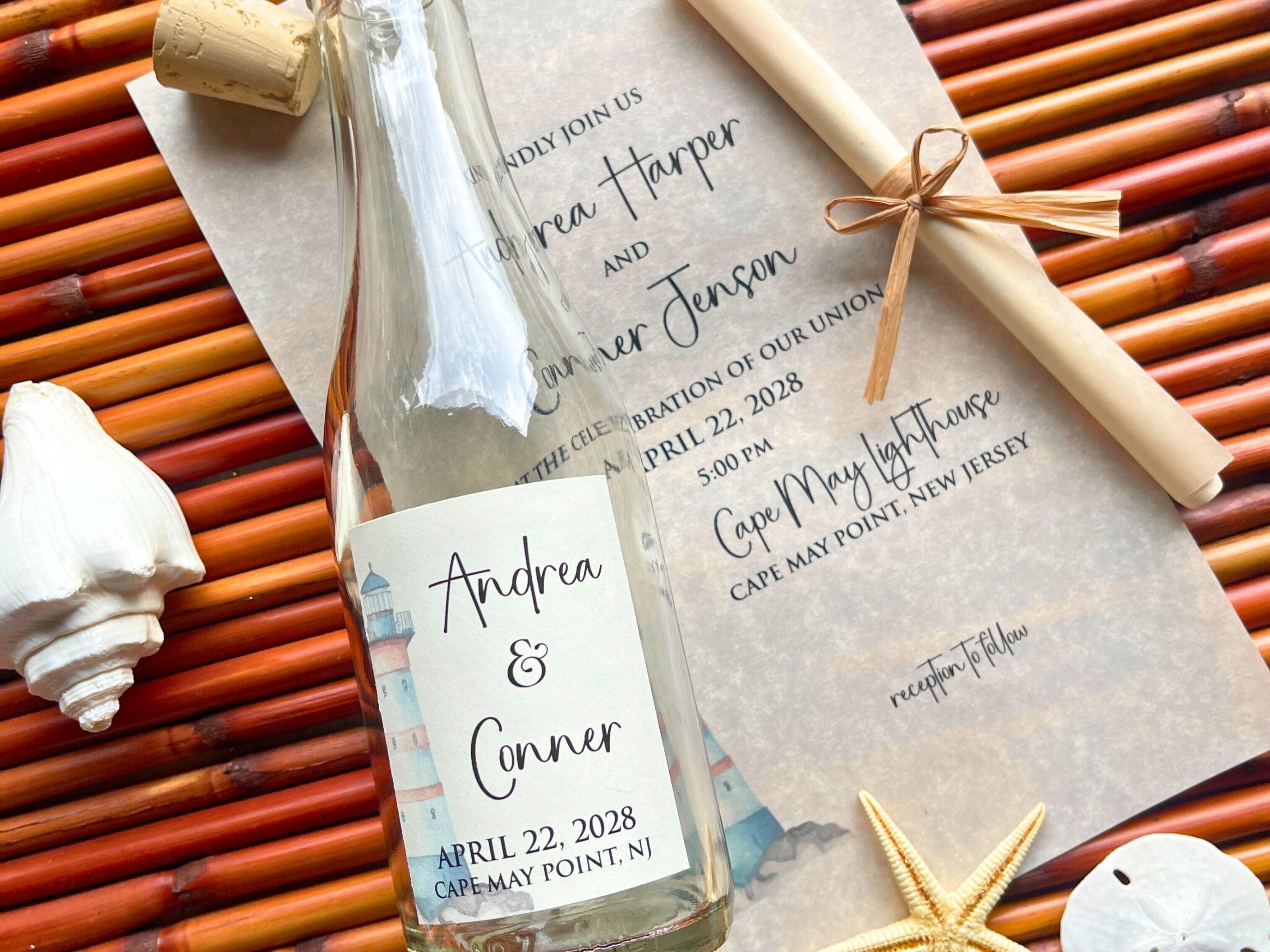 Personalized bottle with a label and scroll on a wooden surface with beach-themed decor.