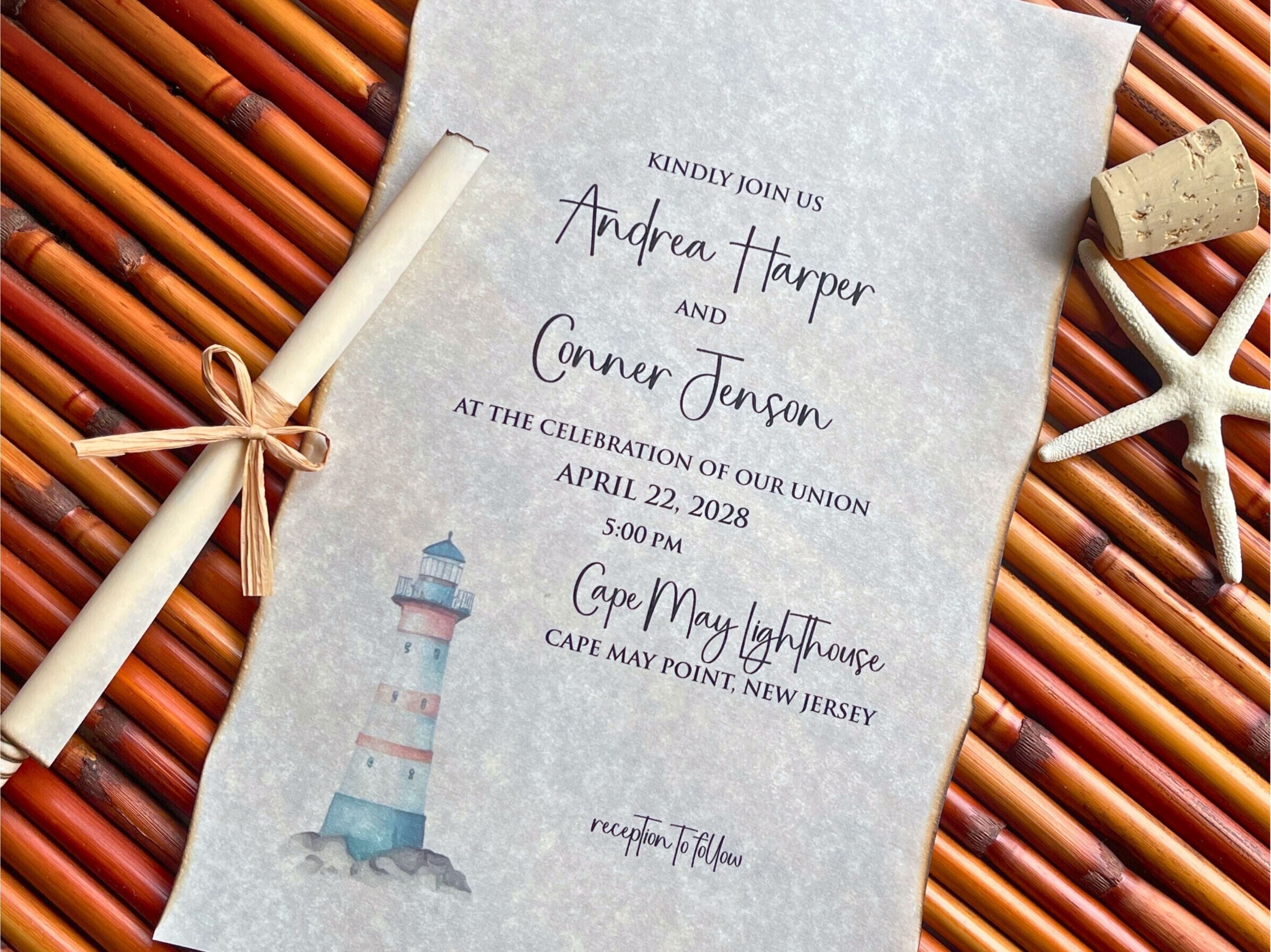 Wedding invitation with lighthouse design on a textured surface