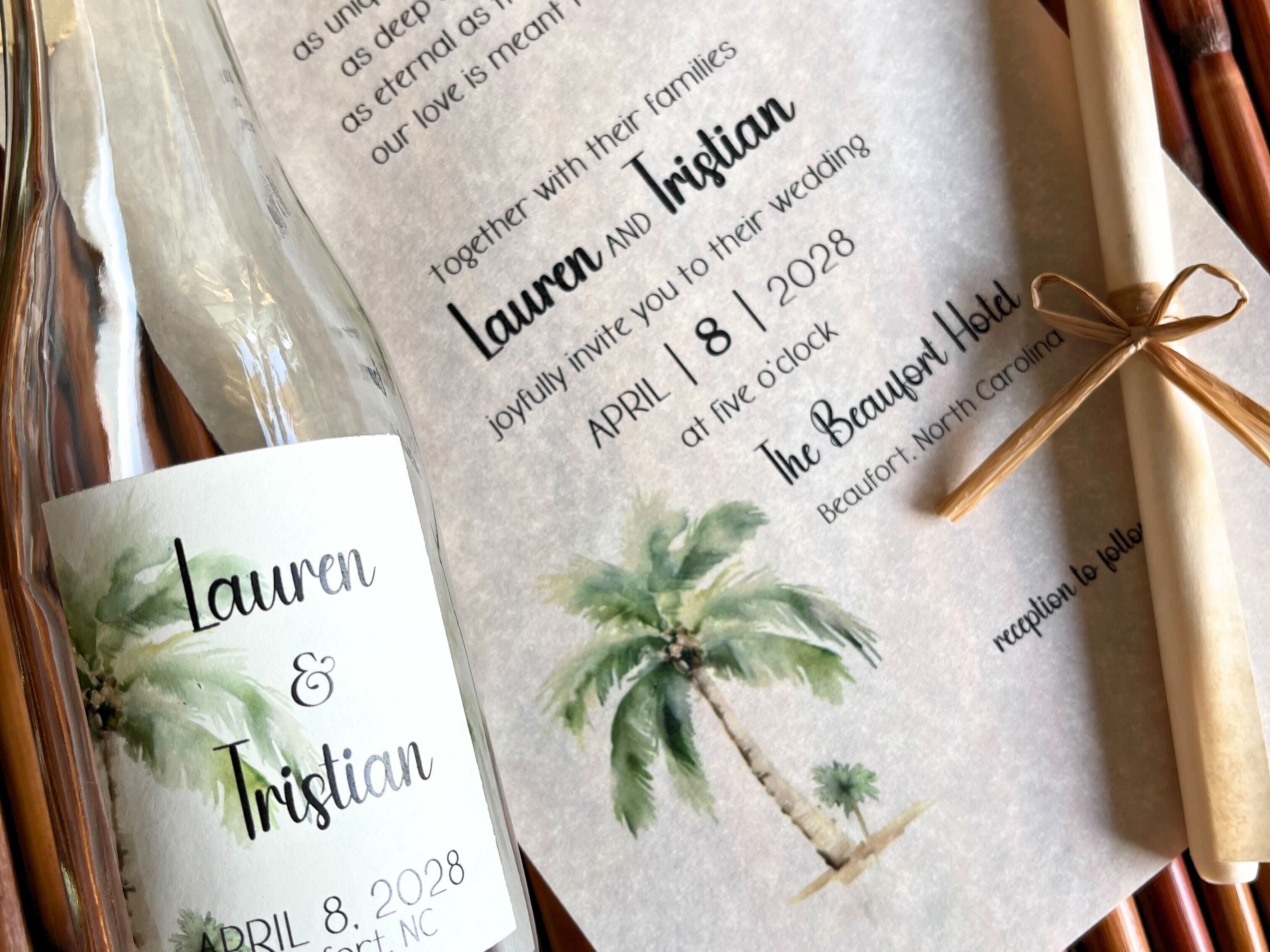 Wedding invitation with palm tree design and matching glass bottle label.