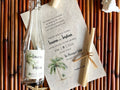 Watercolor palm tree wedding invitation with tropical beach design