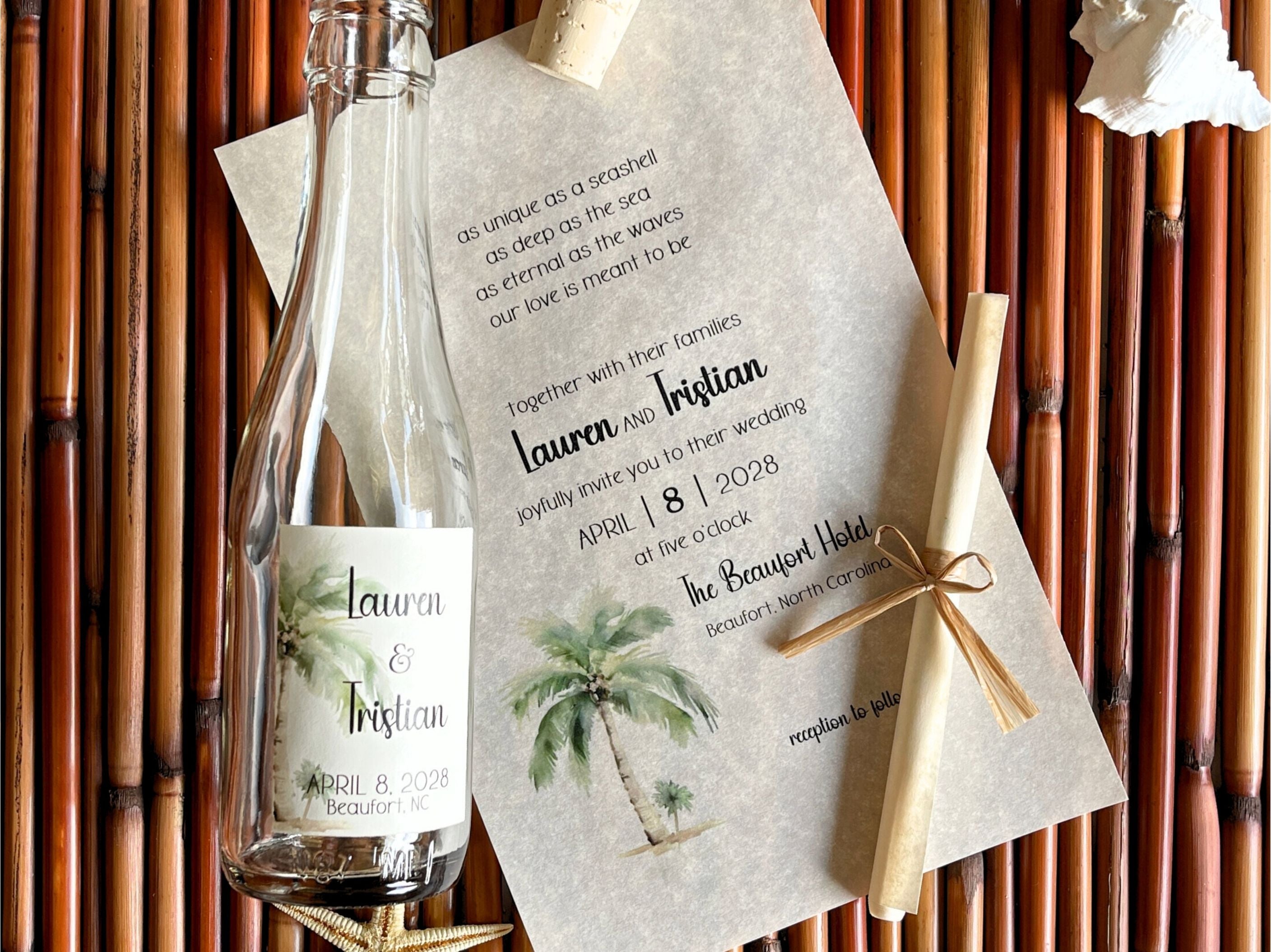 Watercolor palm tree wedding invitation with tropical beach design