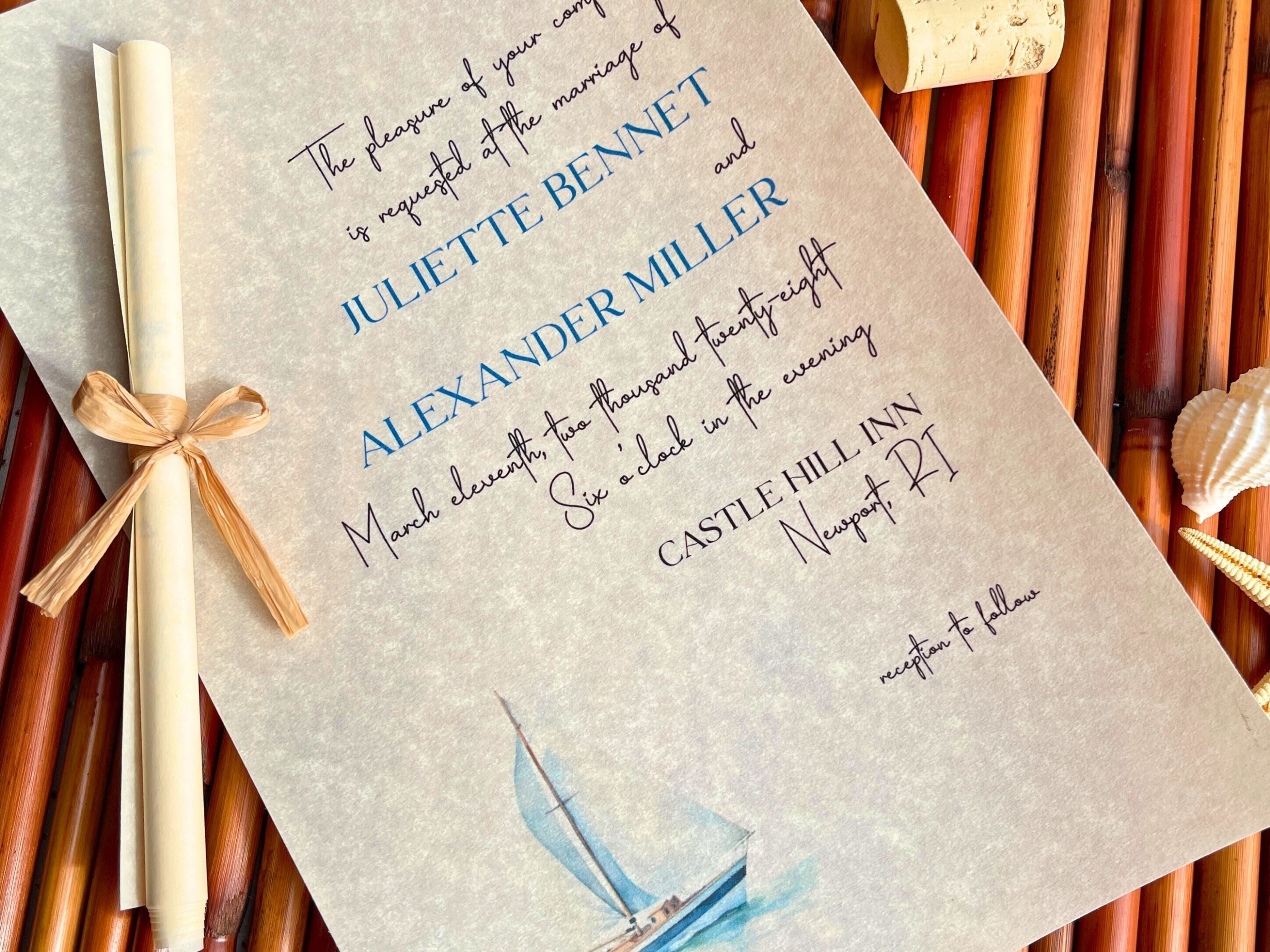 Wedding invitation with sailboat illustration on vellum paper