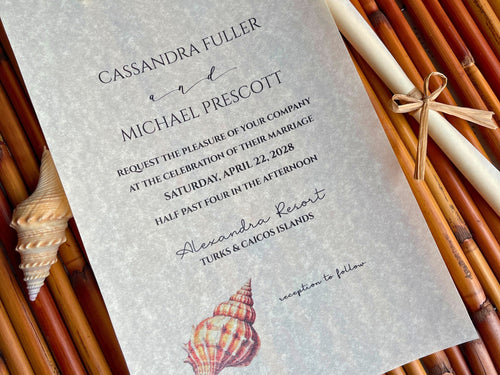 Wedding invitation with seashell design on a textured background