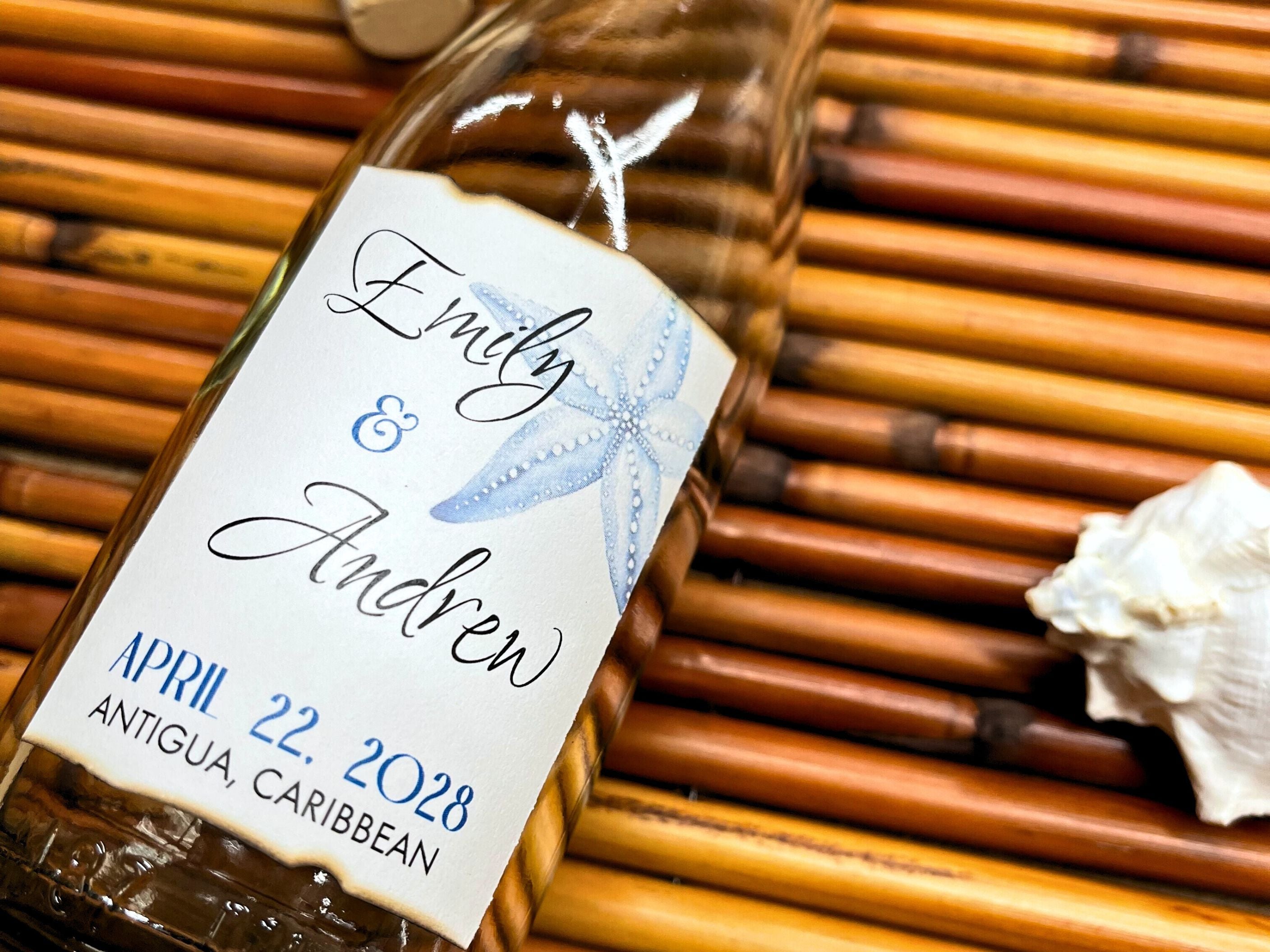 Bottle with a personalized label on a woven surface