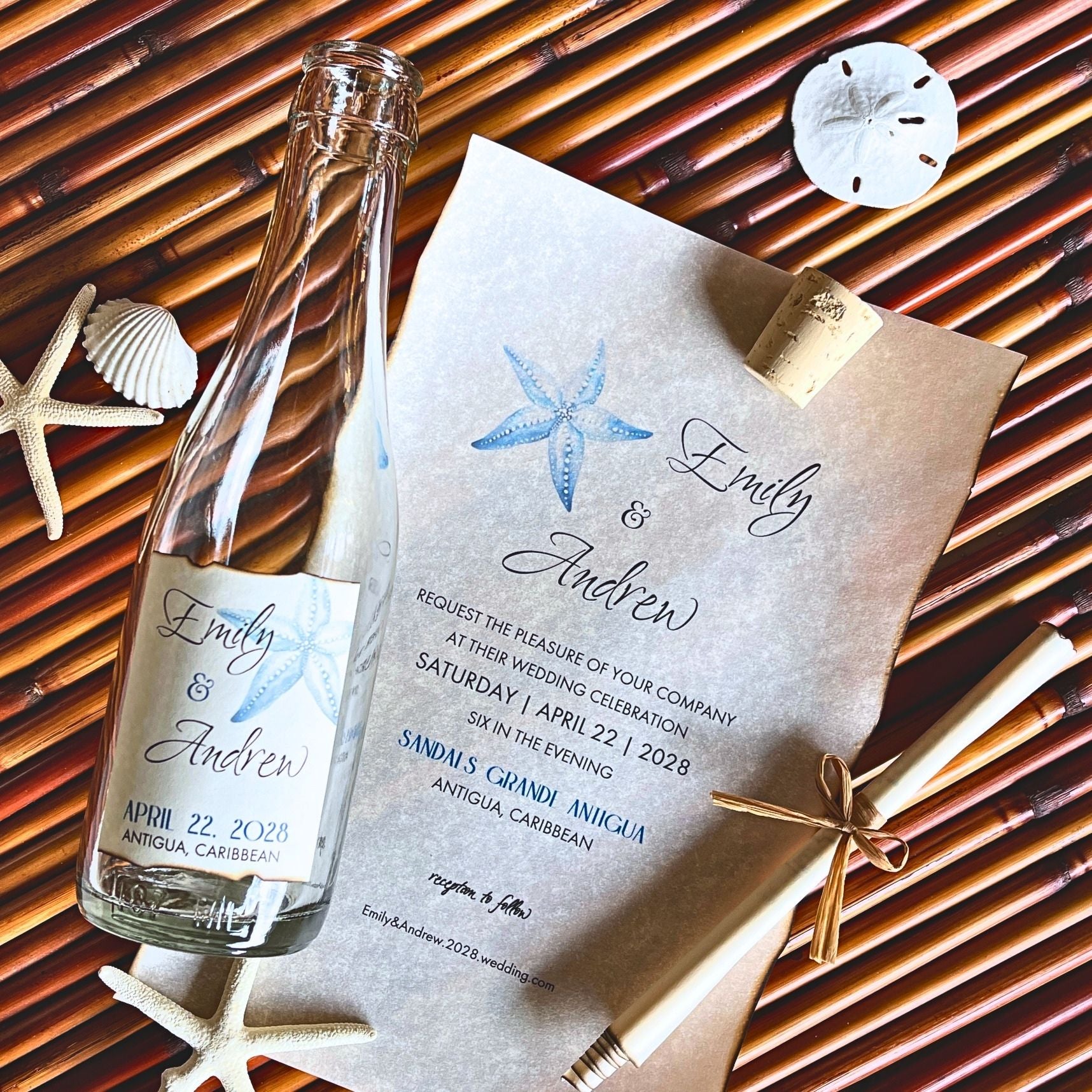 Wedding invitation with bottle and starfish elements on a woven background