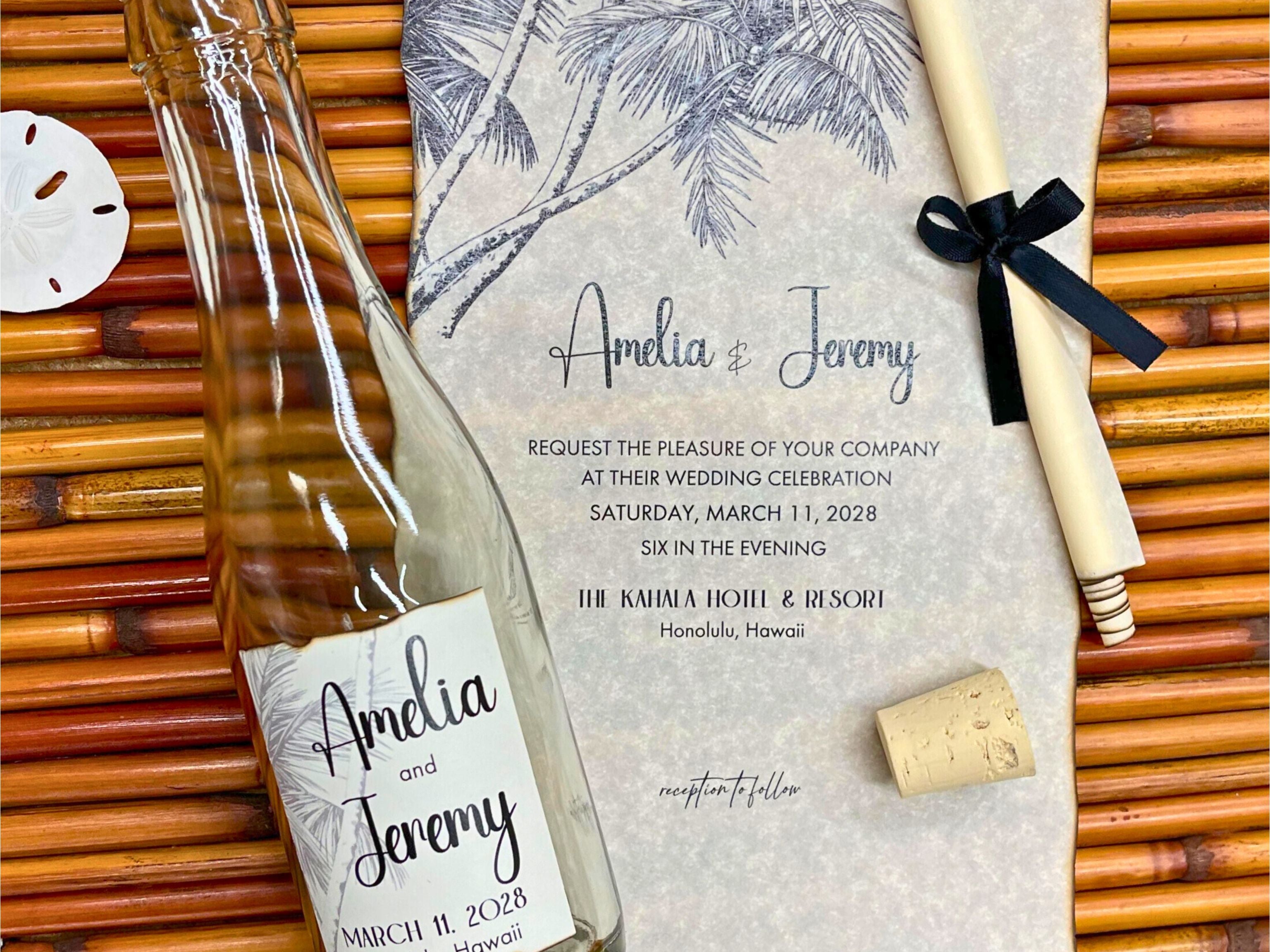 Wedding invitation with bottle and cork on a woven surface