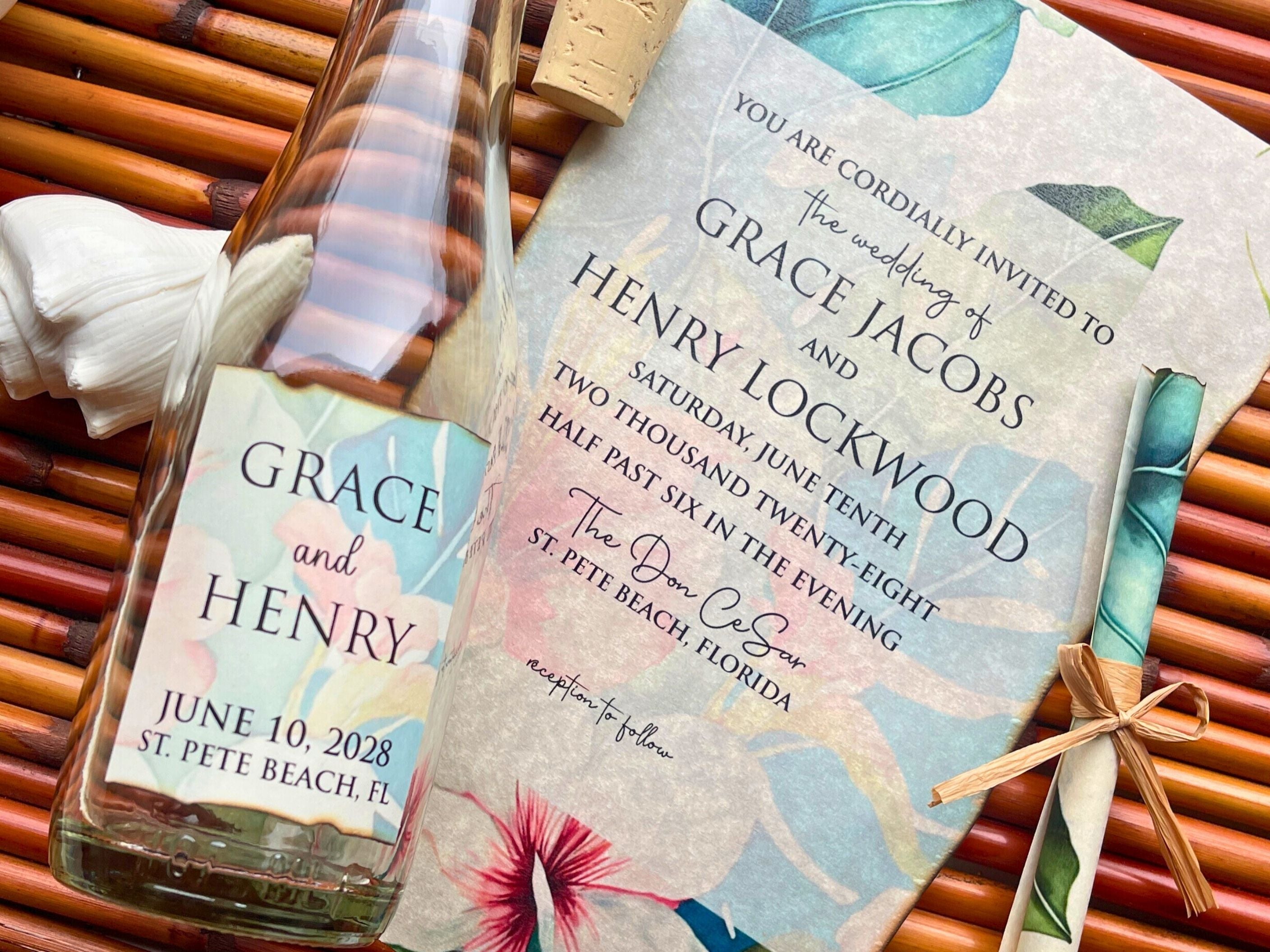 Wedding invitation with bottle Label on a textured surface