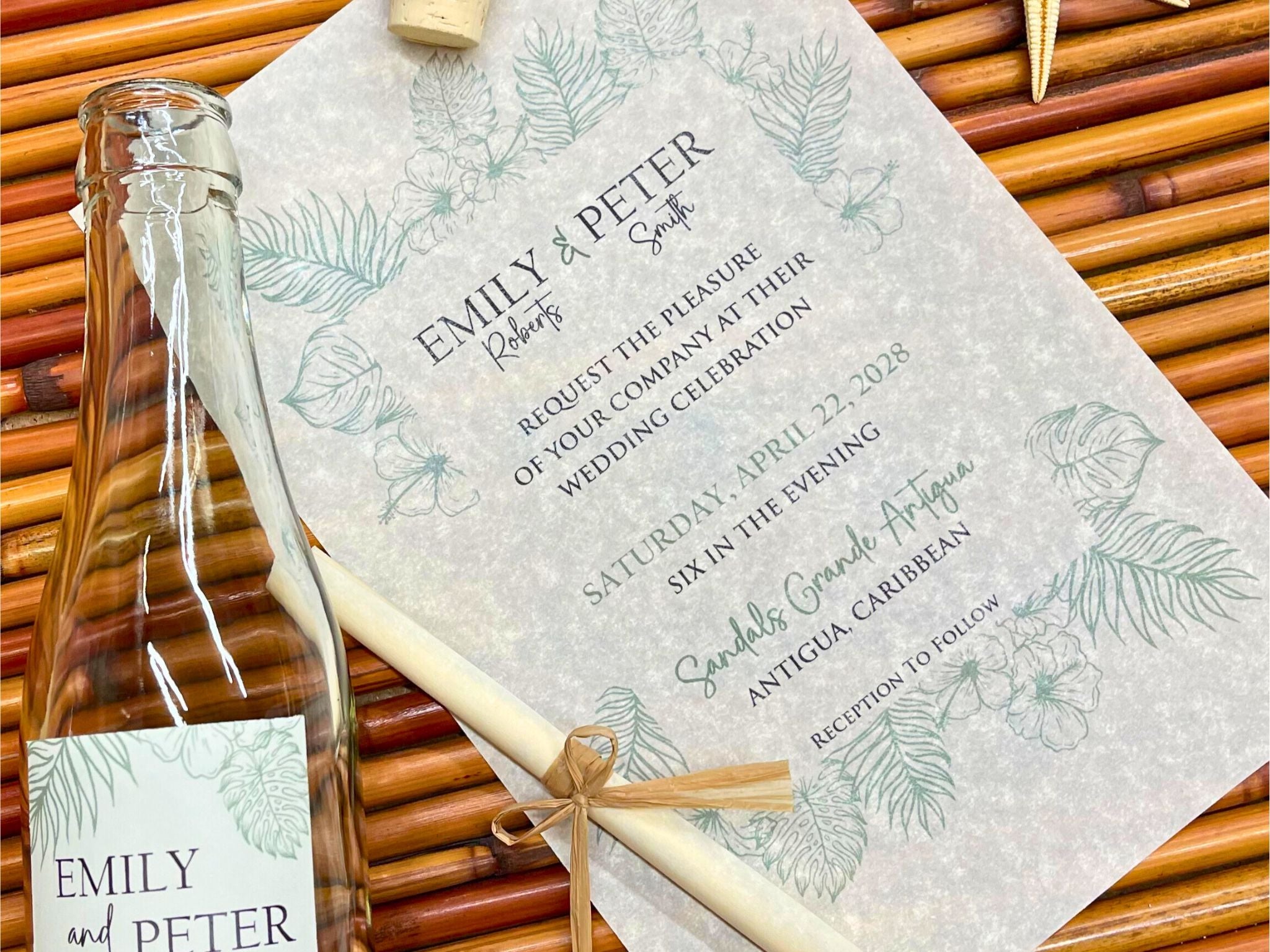Caribbean theme wedding invitation with green tropical plants