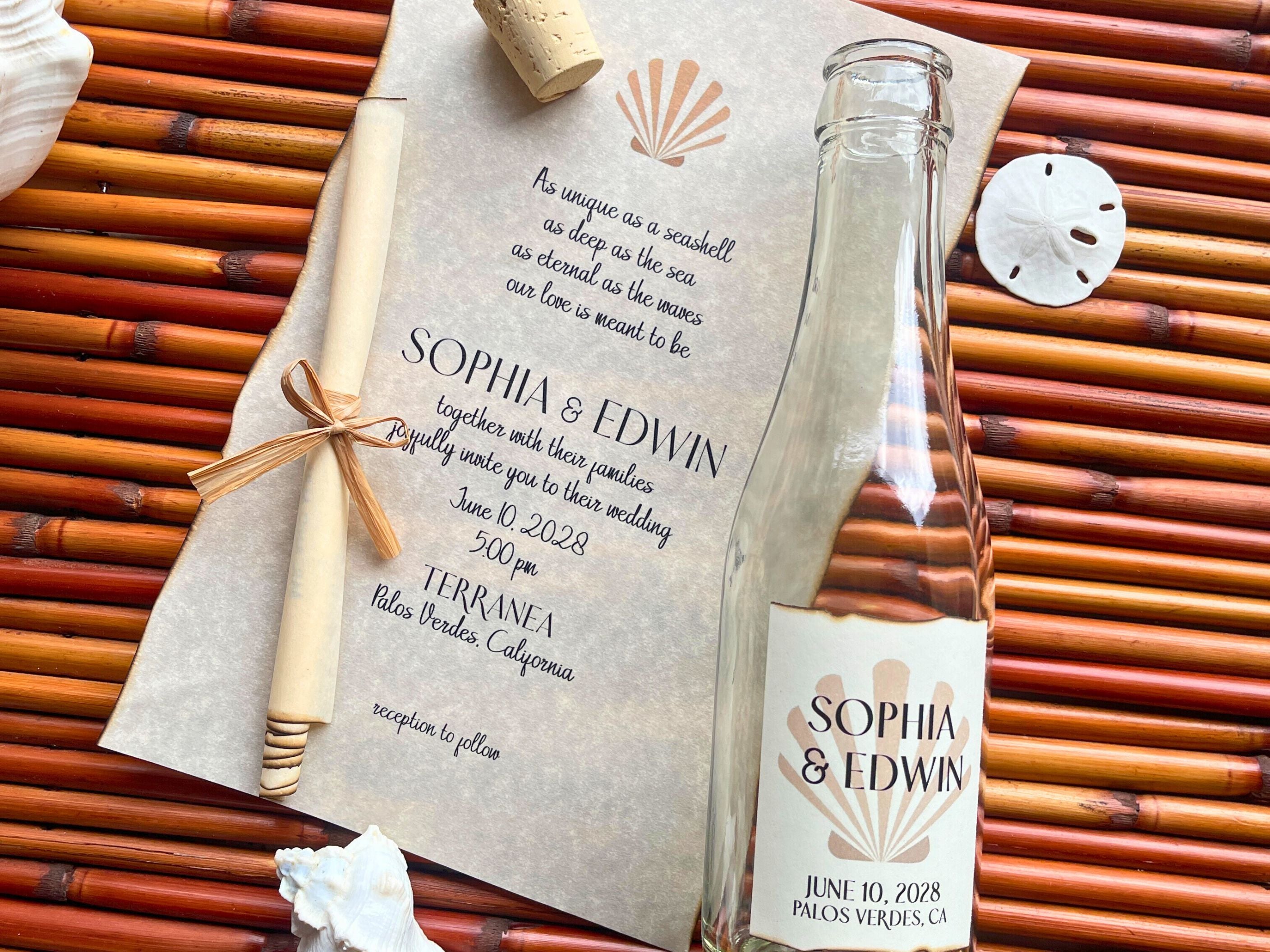 beach wedding invitation with seashell design