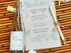 Caribbean theme wedding invitation on a woven surface