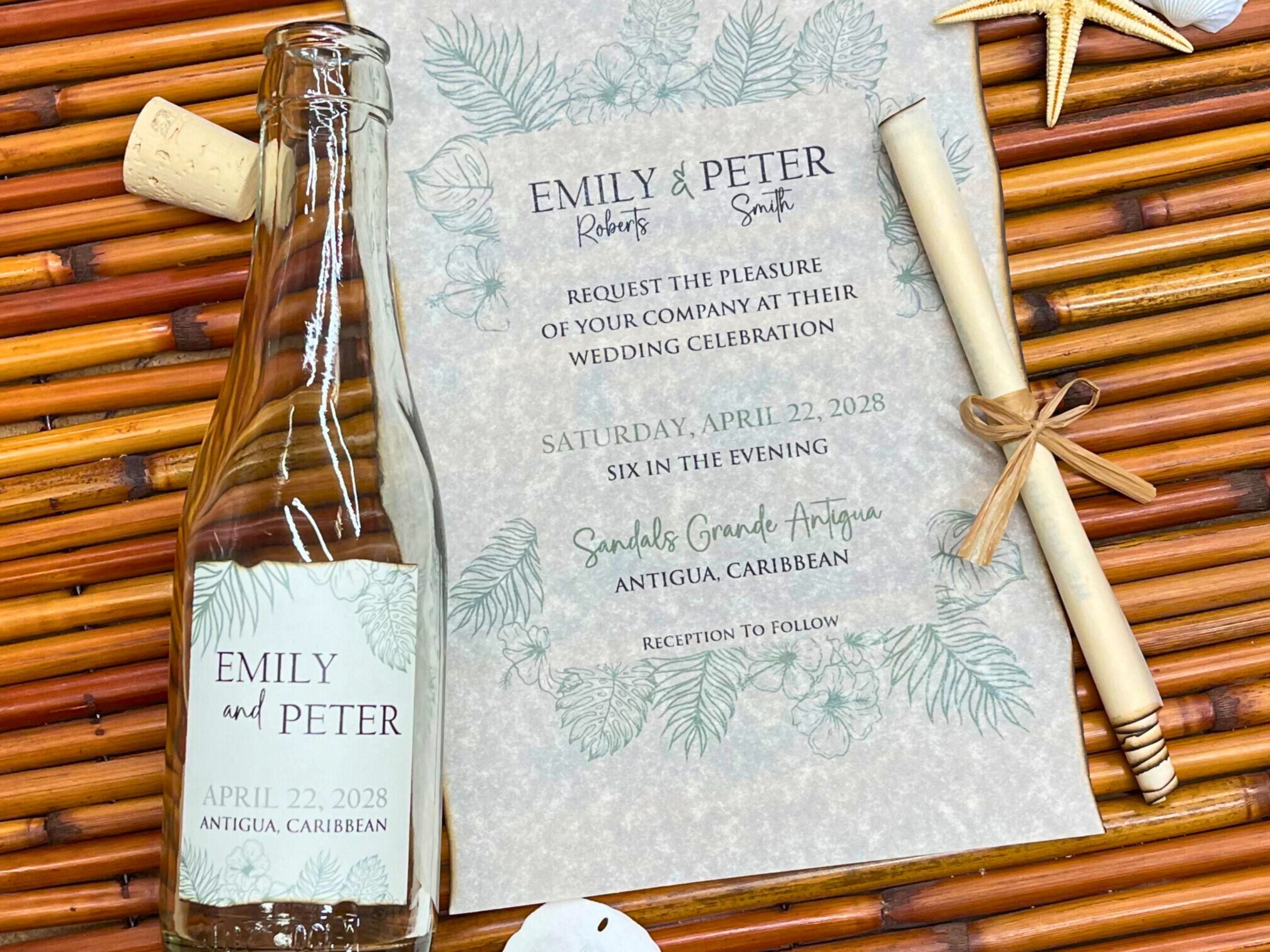 Caribbean theme wedding invitation on a woven surface